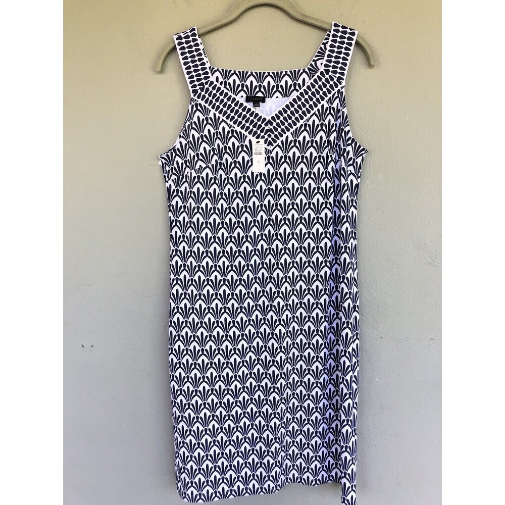 Talbots Effortless Jersey Dress S Blue White Fan Print Sleeveless V Neck Coastal - Picture 2 of 13